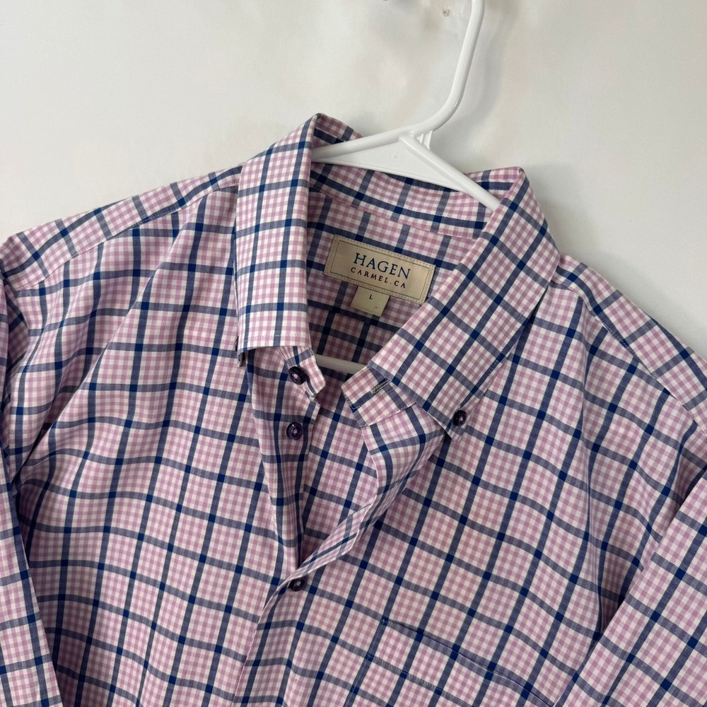 Hagen Carmel Fit Men Large Pink Navy Blue Check Button Down Cotton Shirt BDA3410
